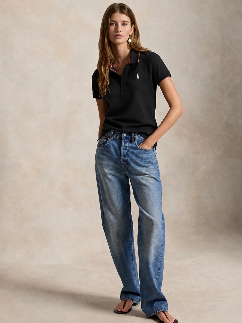 Lauren Ralph Lauren Black Ribbed Polo Contrast Trim M